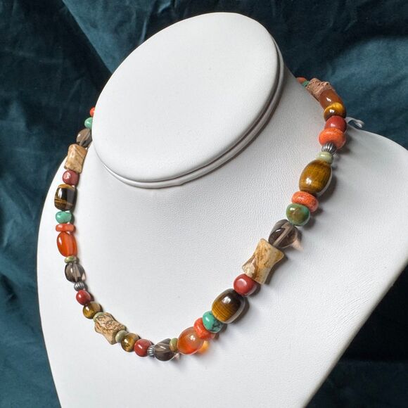 Vintage CAROLYN POLLACK Beaded Gemstone Necklace Sterling Silver 925 Southwest - Picture 14 of 17